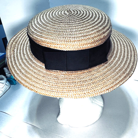 Fleur de Paris Straw Boater Fedora Hat Black Ribbon Band French Gatsby Madeline